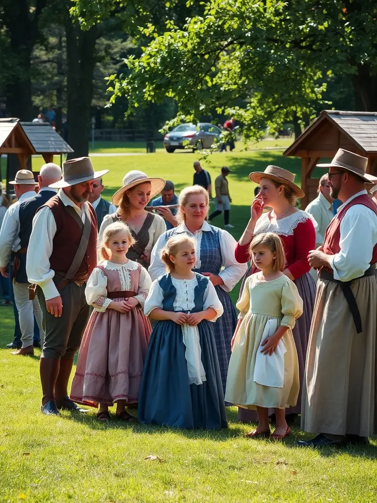 A diverse group of people participating in a historical reenactment event, showcasing period costumes and activities.