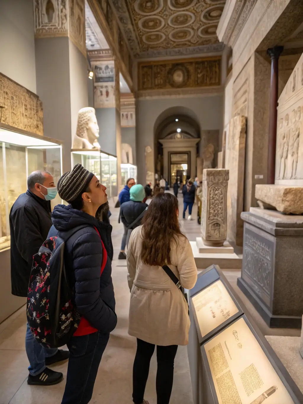 A photograph of a guided tour group inside a historical museum, with a guide explaining artifacts and historical context to the visitors.