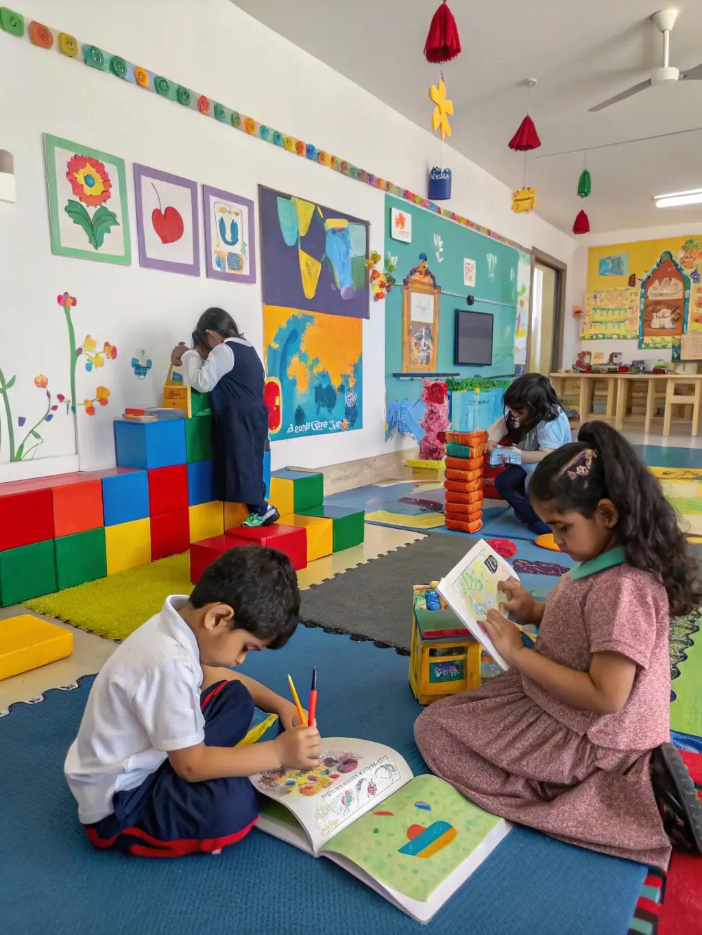 A vibrant image of children participating in a hands-on history workshop at KROG E BARZ, showing them interacting with historical tools and artifacts under the guidance of an instructor.