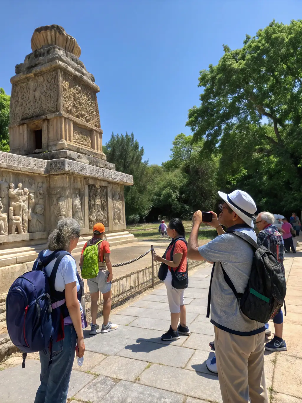 A photograph of a guided tour through one of KROG E BARZ's historical sites, with a group of people listening attentively to the guide.