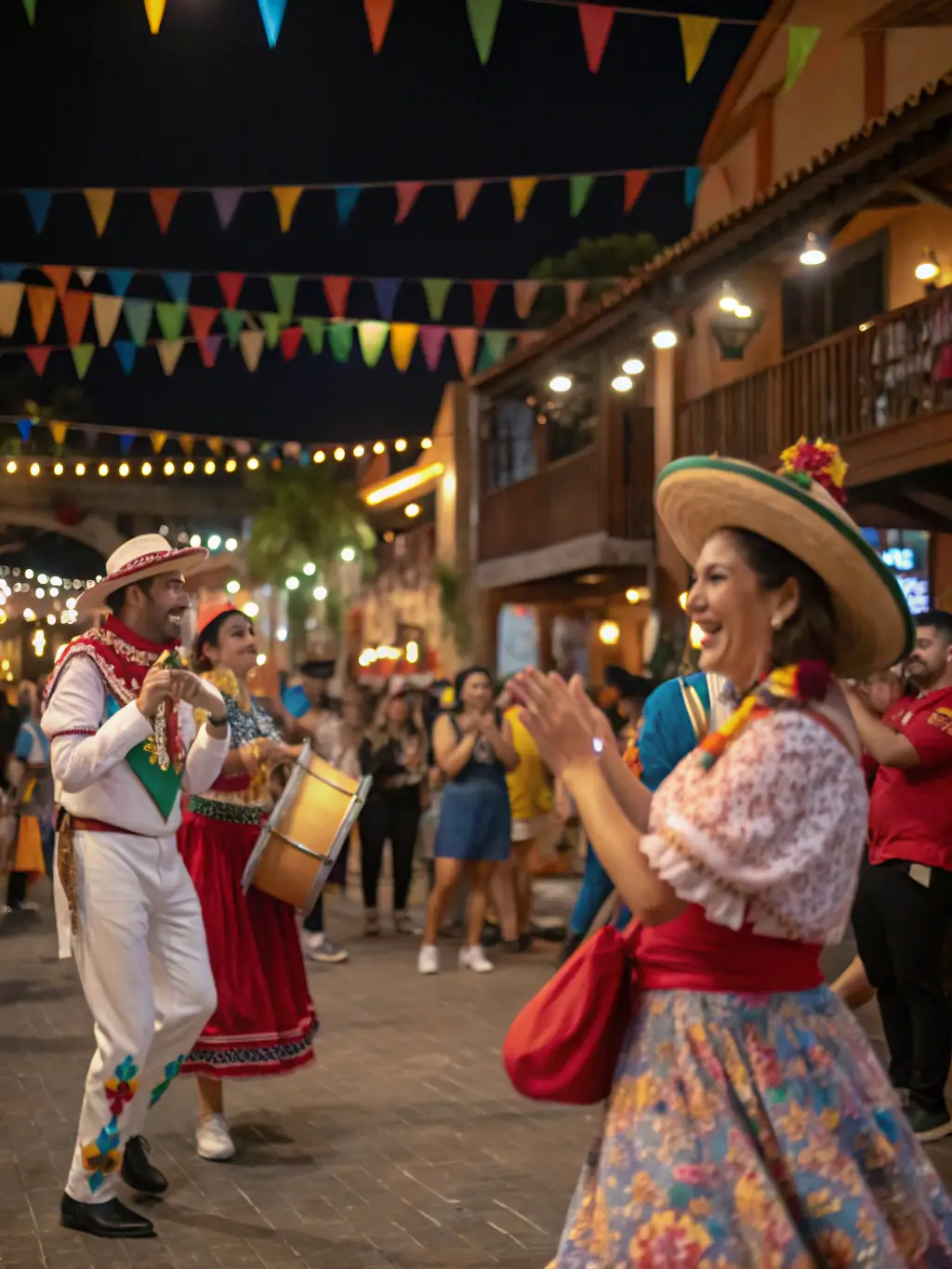A lively festival scene with traditional costumes, music, and dance performances.