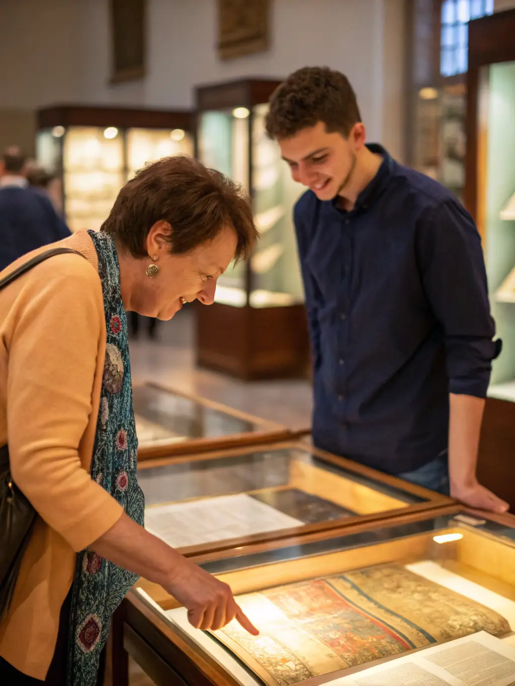 A photograph of a docent leading a group of visitors through an exhibit of historical artifacts at the KROG E BARZ museum, focusing on the expressions of interest and engagement on the faces of the visitors.