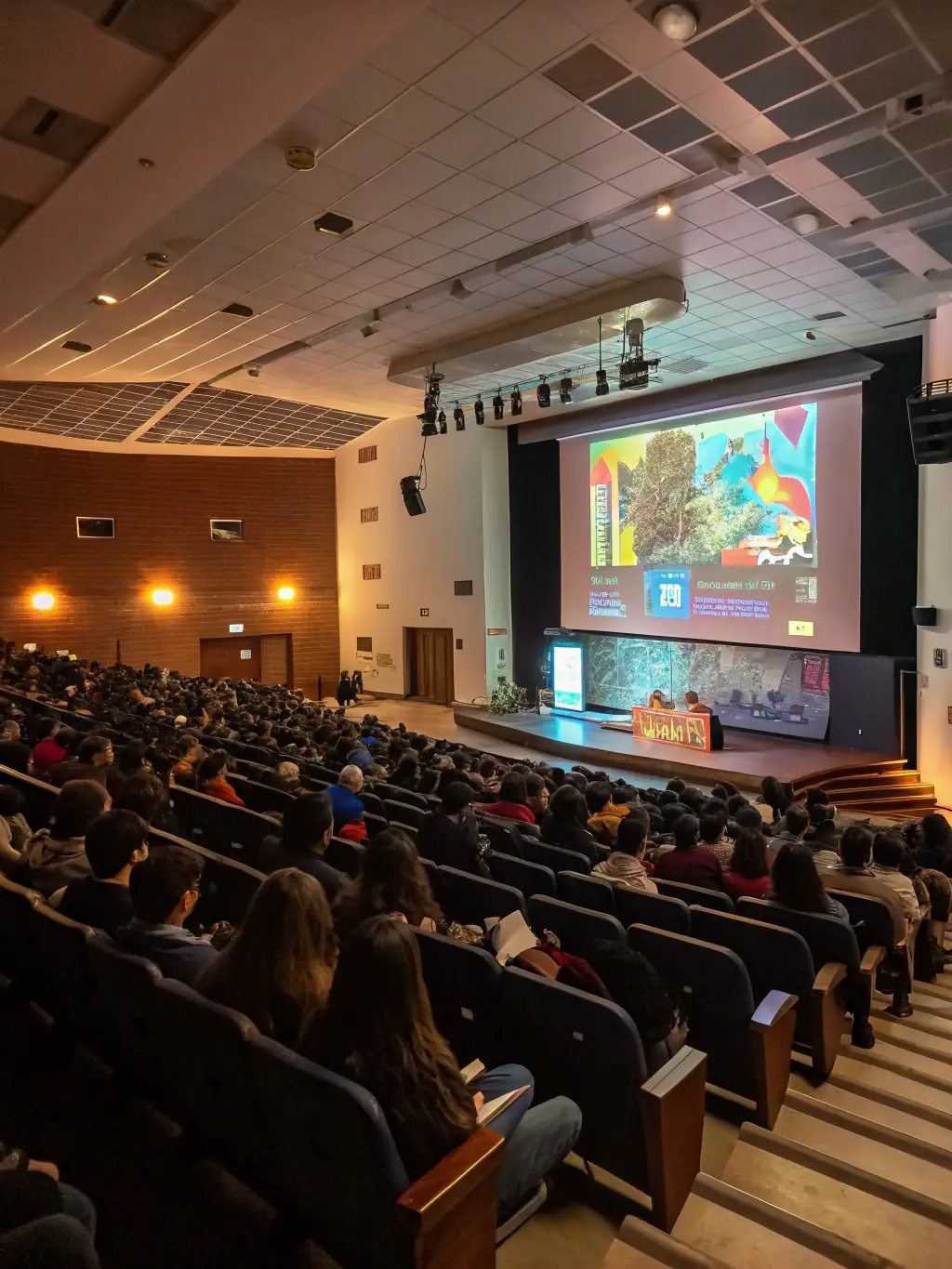A photograph of a lecture hall during a historical lecture at KROG E BARZ, with a speaker presenting on a historical topic.