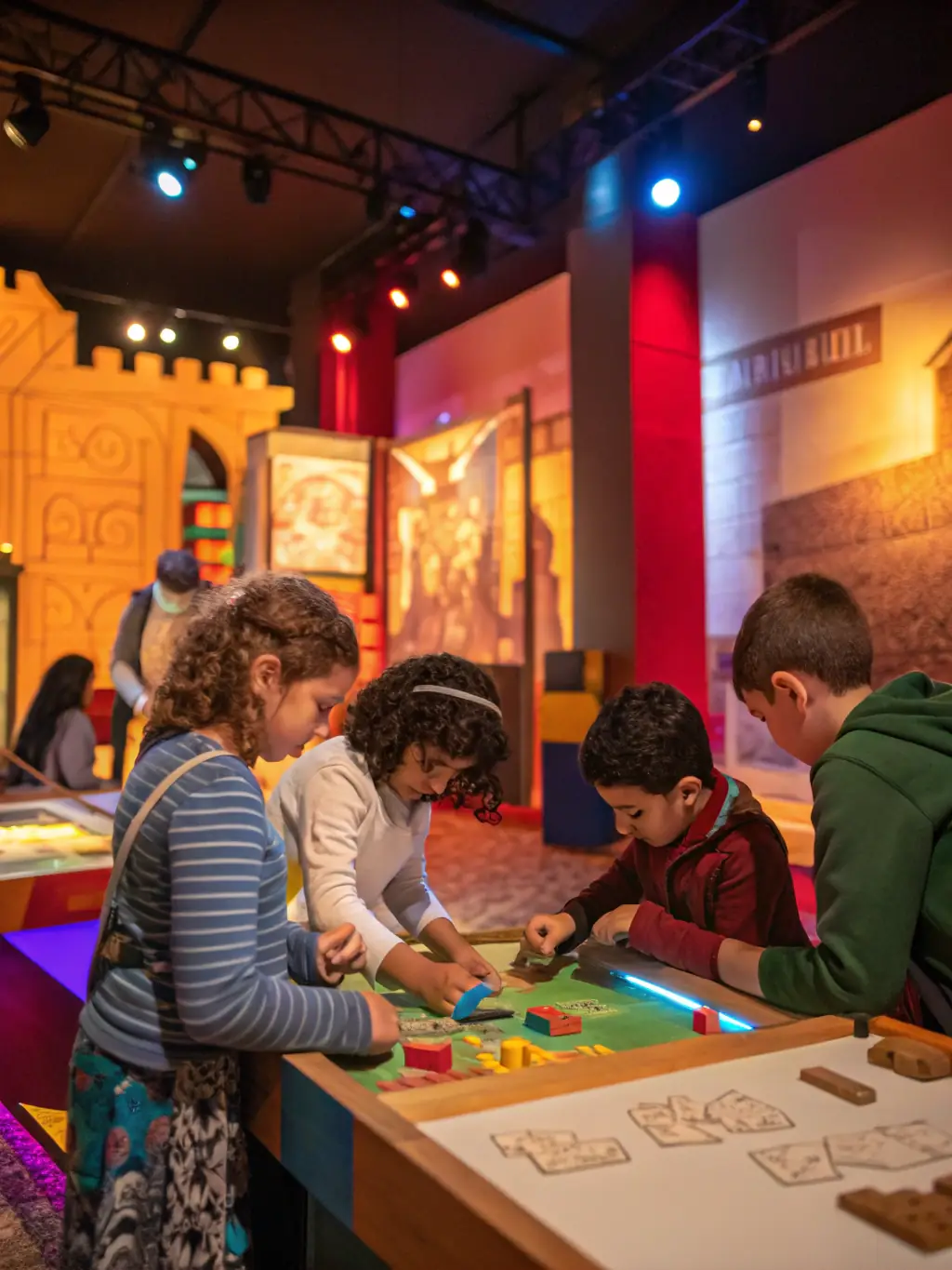 Children and adults participating in a hands-on history workshop with artifacts and educational materials.