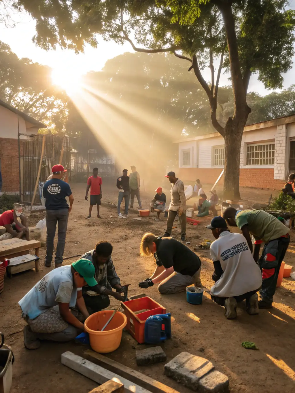 A photograph capturing a community outreach event organized by KROG E BARZ, featuring volunteers and local residents collaborating on a historical preservation project.